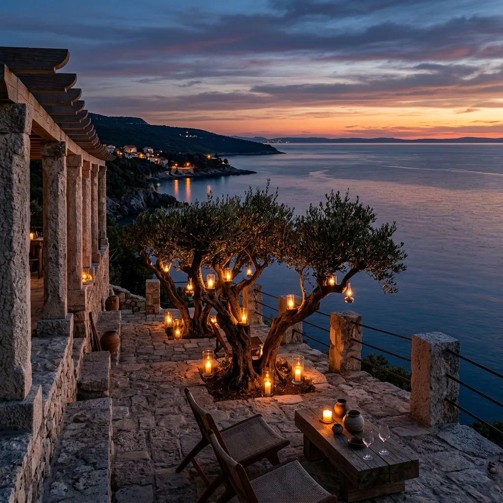 Minimalist limestone terrace overlooking the Adriatic sea at twilight