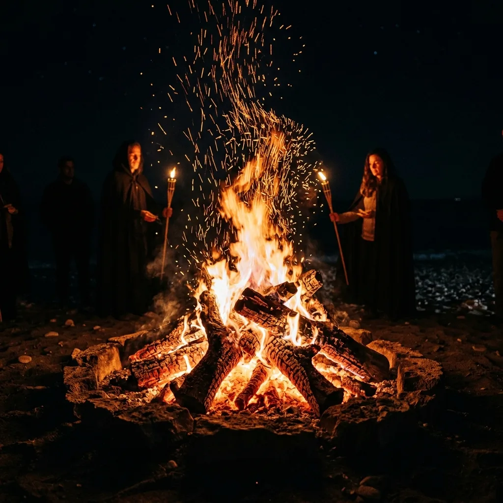 Goldene Funken fliegen aus einem Strandfeuer