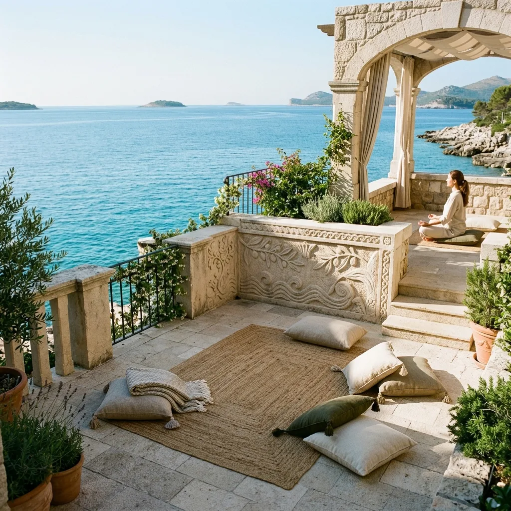 Ruhige Wellness-Oase auf einer Steinterrasse mit Blick auf das blaue Meer
