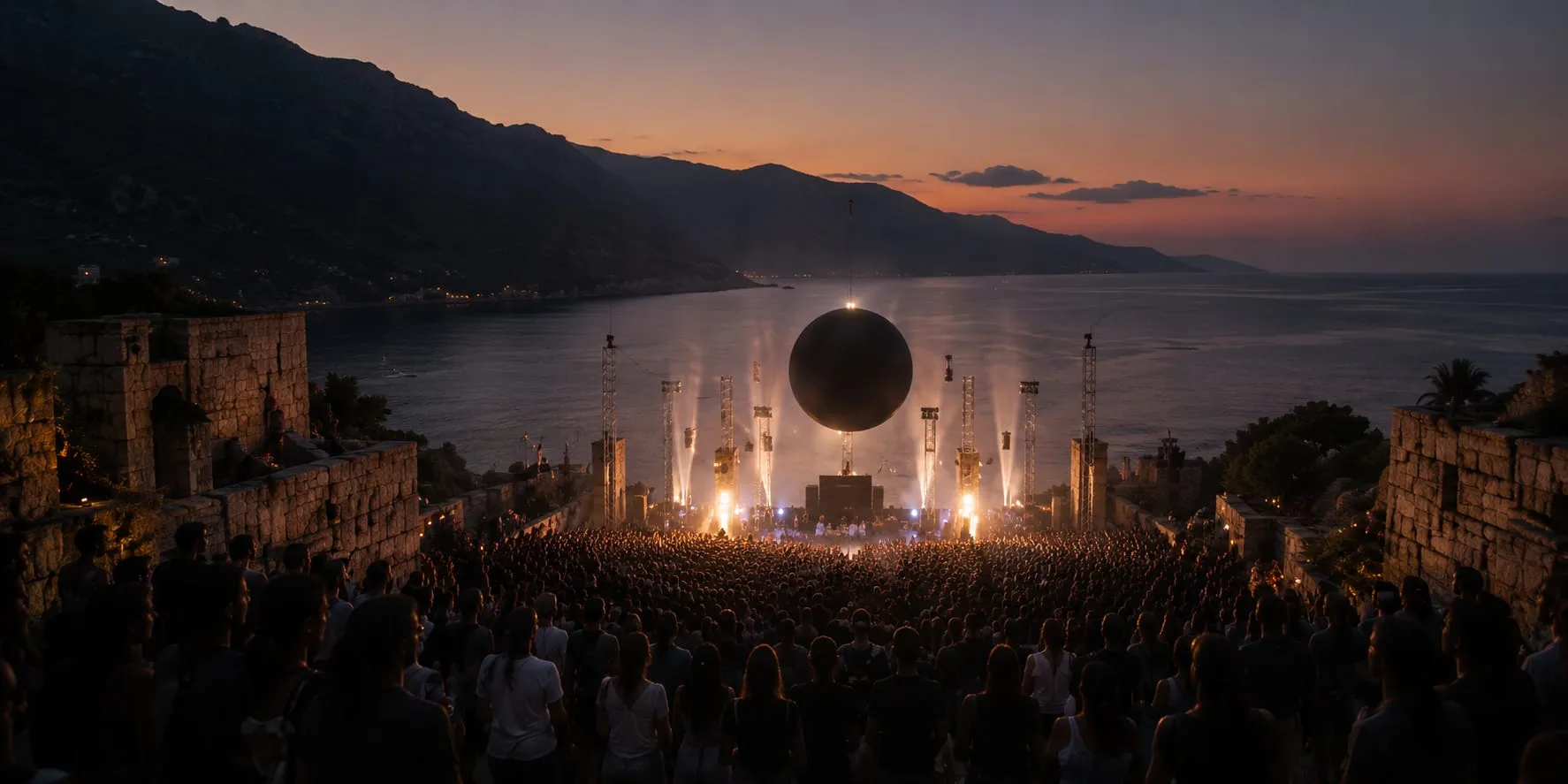 Valkana festival sunset stage in Croatia with lights and audience