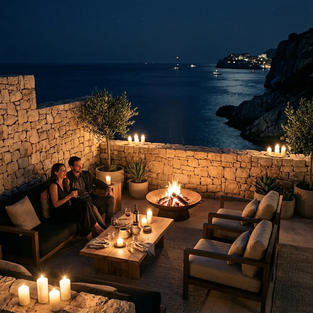 Minimalist candlelit lounge overlooking midnight Adriatic Sea