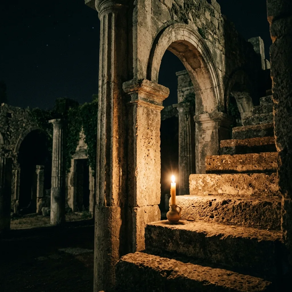 Ancient stone ruins at night with warm candle light