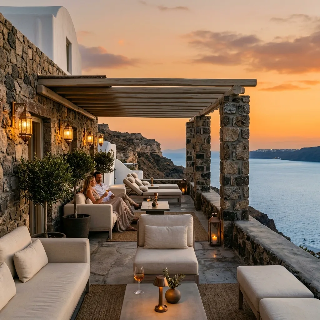 Luxury seaside patio lounge at sunset