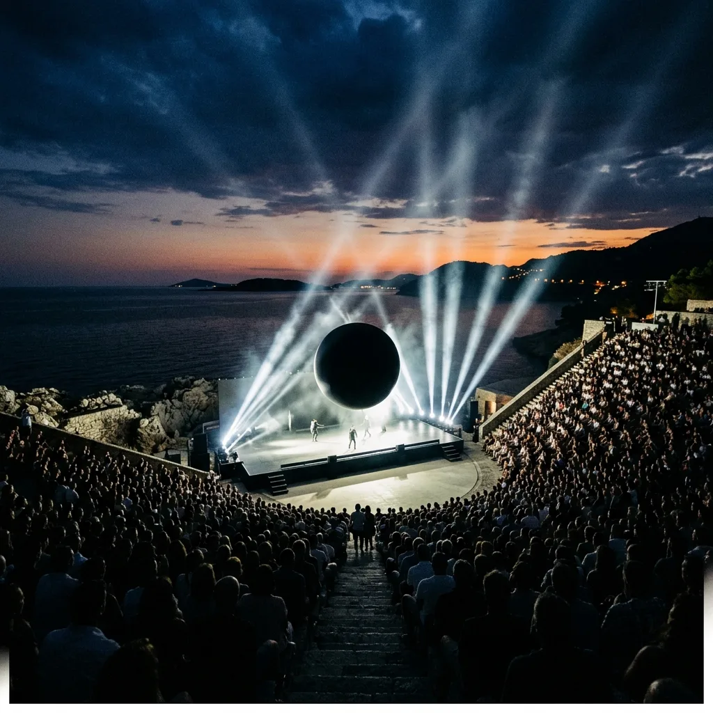 Outdoor music amphitheater with laser light beams