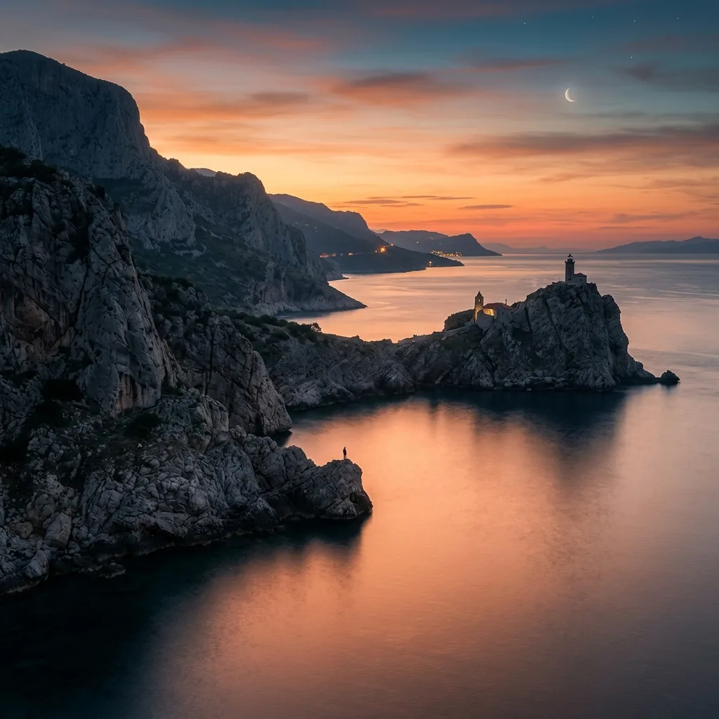 Calm sea water reflecting sunset dusk orange sky