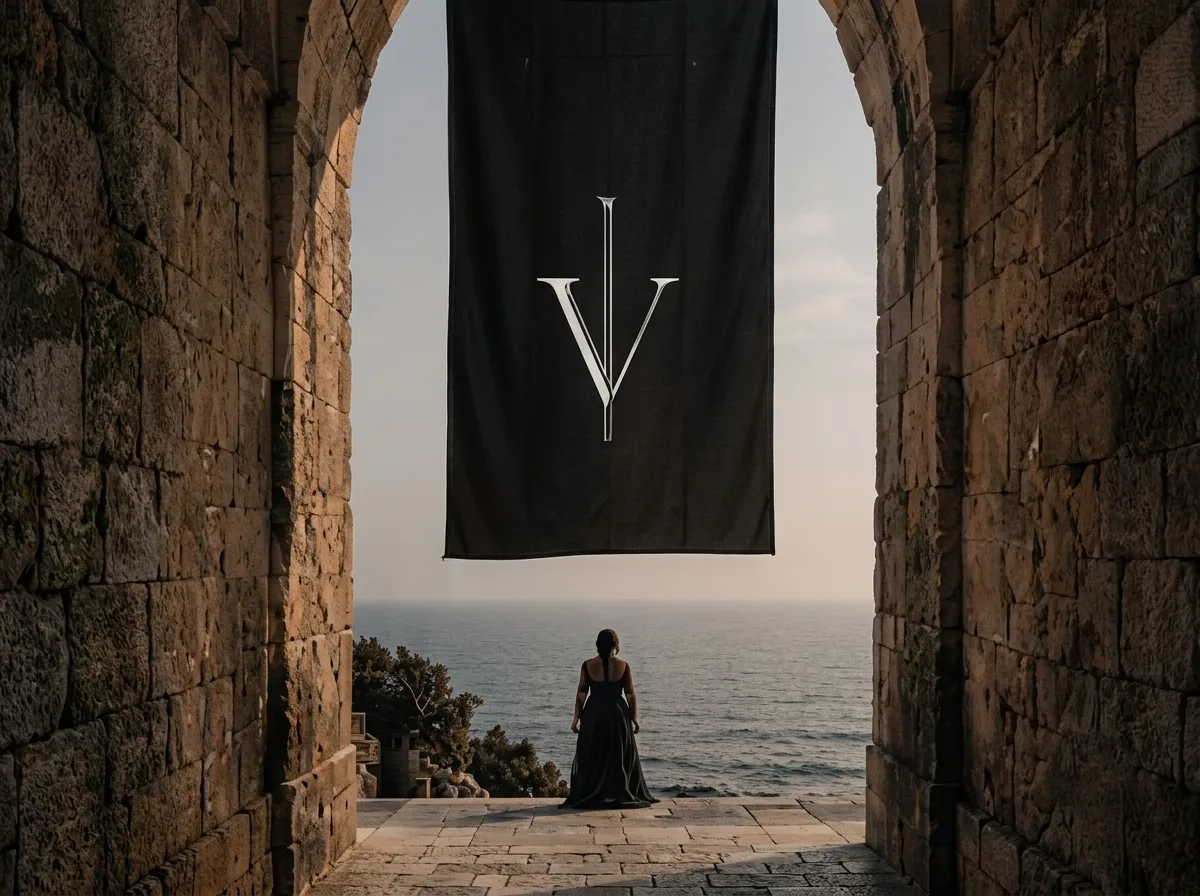 Mediterranean stone archway looking out onto the sea with a Valkana logo banner